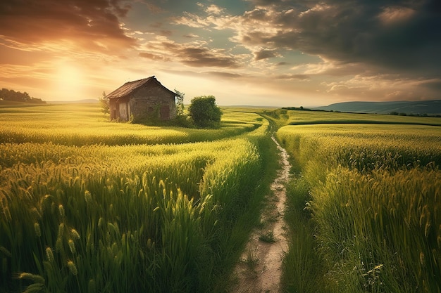 Uma casa de fazenda em um campo de trigo