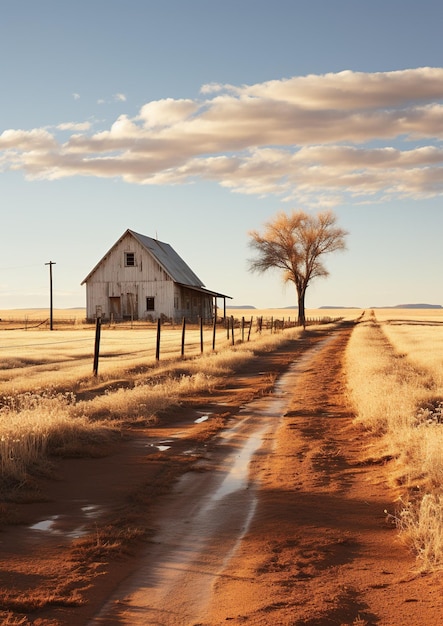 Uma casa de fazenda rústica aninhada em meio ao abraço da natureza isolada por uma majestosa árvore generativa Ai