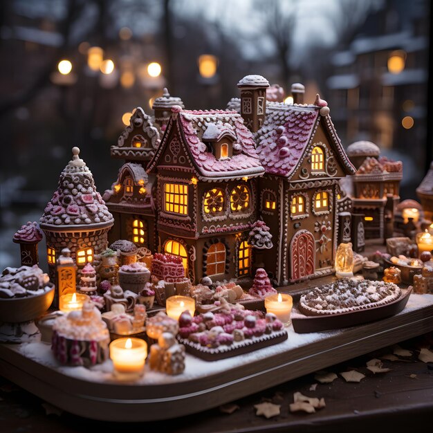 Foto uma casa de gengibre com muitos biscoitos e velas ia geradora