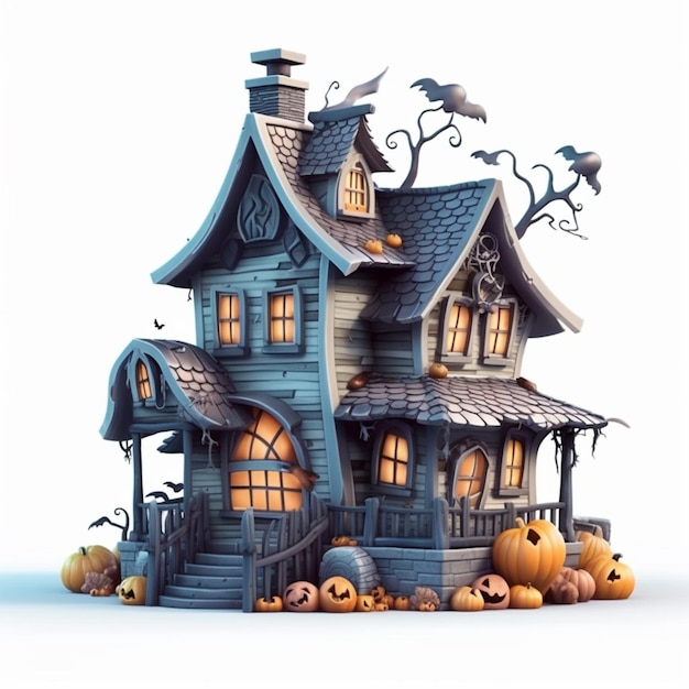 Uma casa de halloween com abóboras e morcegos no chão