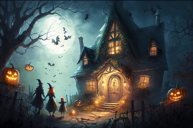 Uma casa de halloween com lua cheia ao fundo