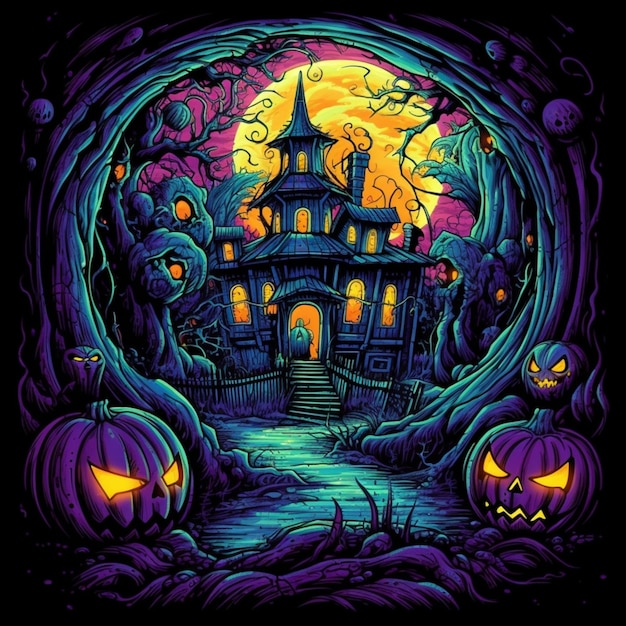 Uma casa de Halloween de cor escura com abóboras e árvores generativas ai