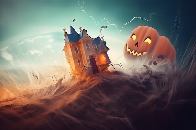 Uma casa de halloween e uma abóbora no céu