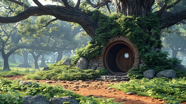 Foto uma casa de hobbits é plantada numa árvore no meio de uma floresta.