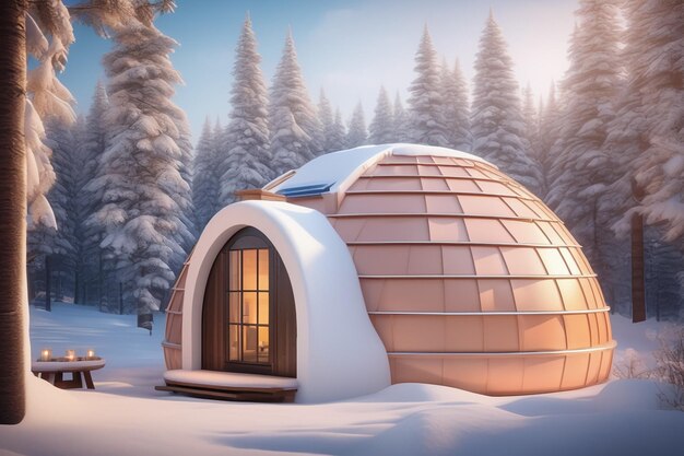 Uma casa de iglu aconchegante na floresta de inverno