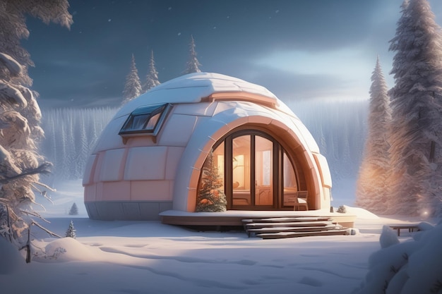 Uma casa de iglu aconchegante na floresta de inverno