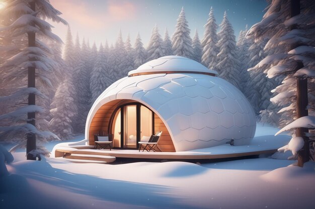 Uma casa de iglu aconchegante na floresta de inverno