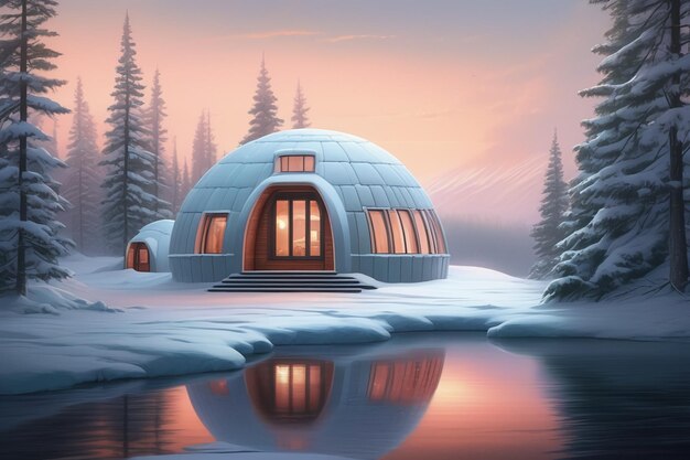 Uma casa de iglu aconchegante na floresta de inverno