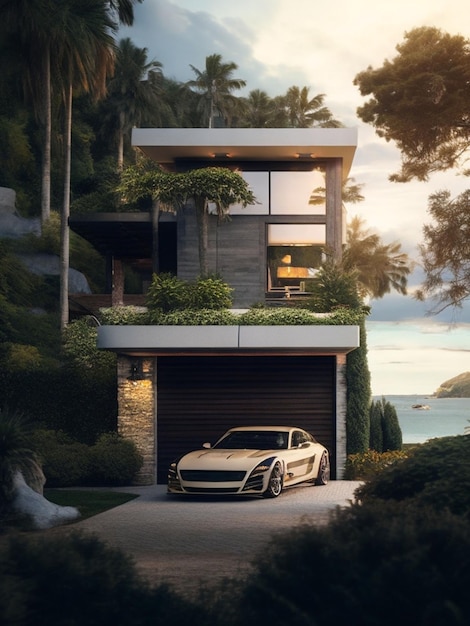 uma casa de luxo com um carro na garagem