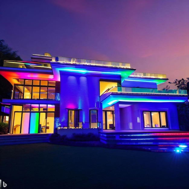 Uma casa de luxo moderna com piscina na frente ao entardecer