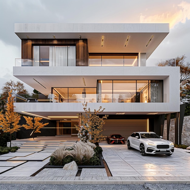 Foto uma casa de luxo moderna de 3 andares de cor branca com estacionamento um carro de luxo no parque