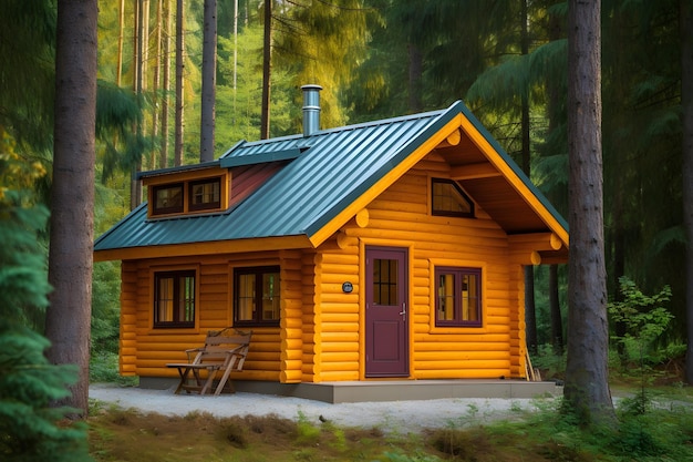 Uma casa de madeira amarela com telhado roxo e uma porta