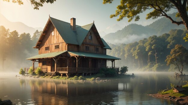 Uma casa de madeira ao lado de um lago na floresta