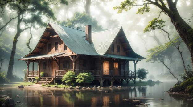 Uma casa de madeira ao lado de um lago na floresta