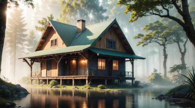 Uma casa de madeira ao lado de um lago na floresta