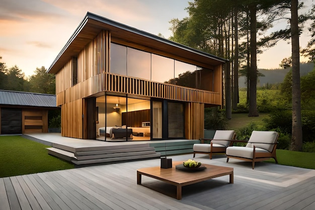Uma casa de madeira com um grande deck e uma varanda com mesa e cadeiras.