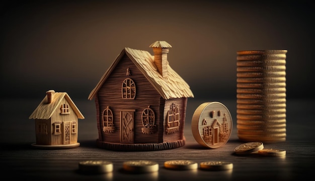 Uma casa de madeira com uma pilha de moedas ao lado