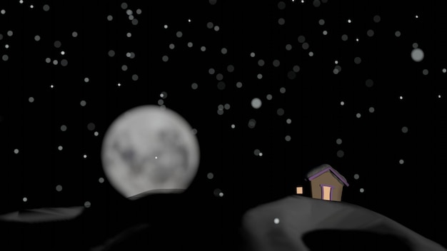 Uma casa de madeira em tempestade de neve com lua cheia desfocada em renderização 3D de fundo
