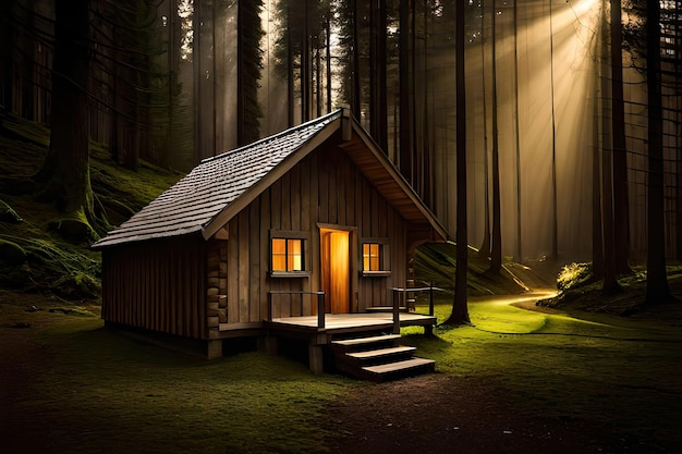 Uma casa de madeira em uma floresta com o sol brilhando por entre as árvores.