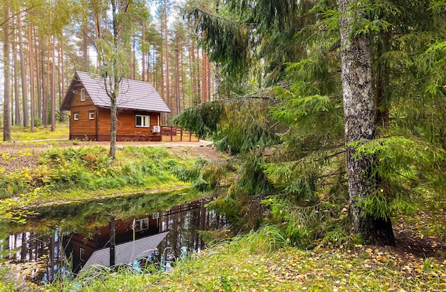 Uma casa de madeira na floresta num dia ensolarado