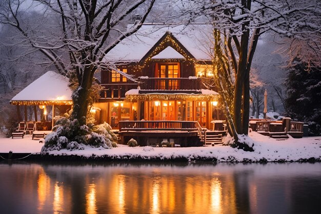 Uma casa de madeira quente à beira de um lago invernal decorada para as férias de Natal