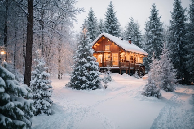 Uma casa de Natal coberta de neve cercada por um cobertor de neve recém-caída iluminada