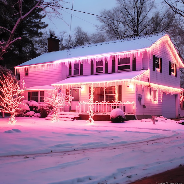 Uma casa de Natal com decorações neve e árvore de Natal para as férias de inverno casa de Natal