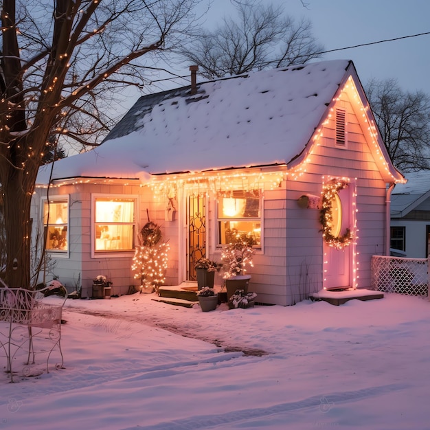 Uma casa de Natal com decorações neve e árvore de Natal para as férias de inverno casa de Natal