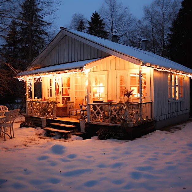 Uma casa de Natal com decorações neve e árvore de Natal para as férias de inverno casa de Natal