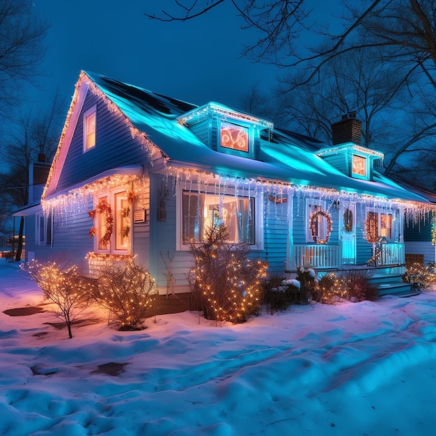 Uma casa de Natal com decorações neve e árvore de Natal para as férias de inverno casa de Natal