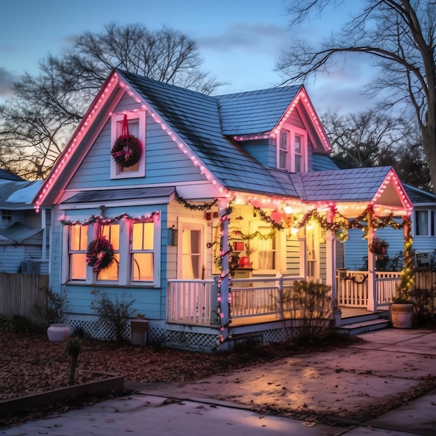 Uma casa de Natal com decorações neve e árvore de Natal para as férias de inverno casa de Natal