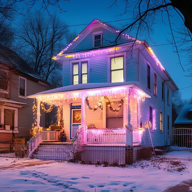 Foto uma casa de natal com decorações neve e árvore de natal para as férias de inverno casa de natal