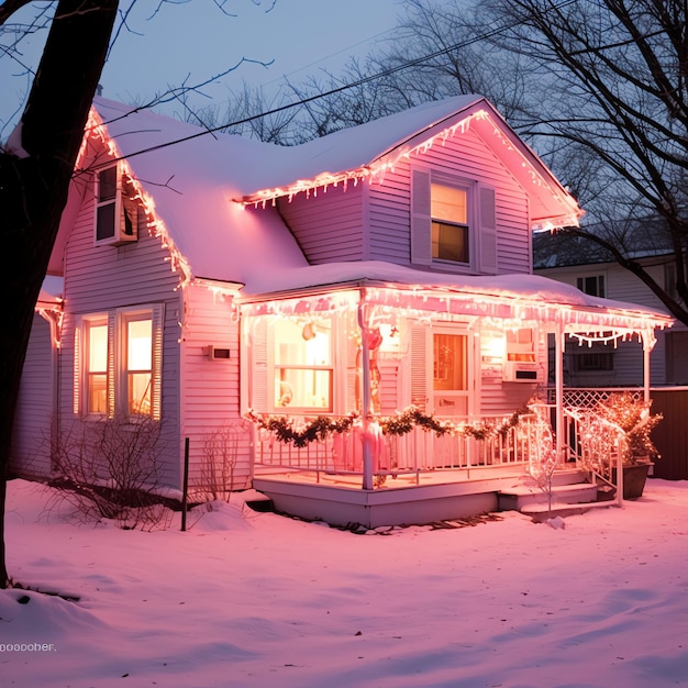 Foto uma casa de natal com decorações neve e árvore de natal para as férias de inverno casa de natal