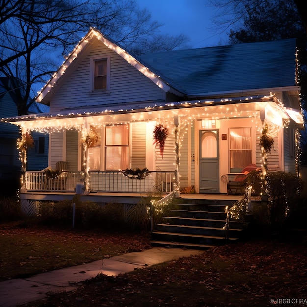 Uma casa de Natal com decorações neve e árvore de Natal para as férias de inverno casa de Natal