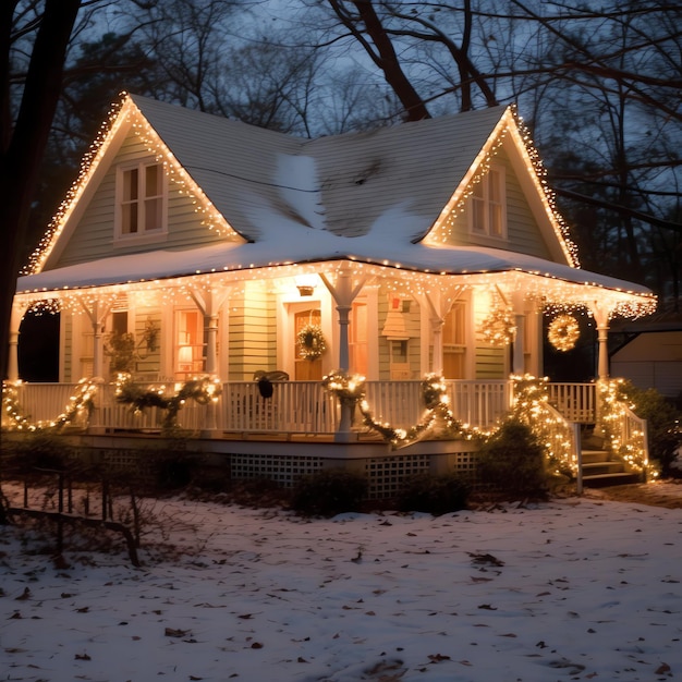 Uma casa de Natal com decorações neve e árvore de Natal para as férias de inverno casa de Natal