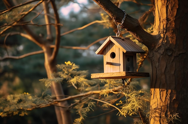 uma casa de passarinho em um galho com folhas de outono generativas ai