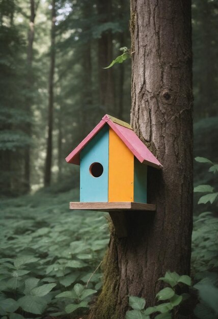 uma casa de pássaros azul e amarelo em um tronco de árvore