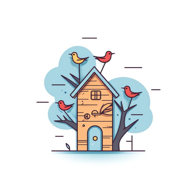 uma casa de pássaros com árvores e pássaros