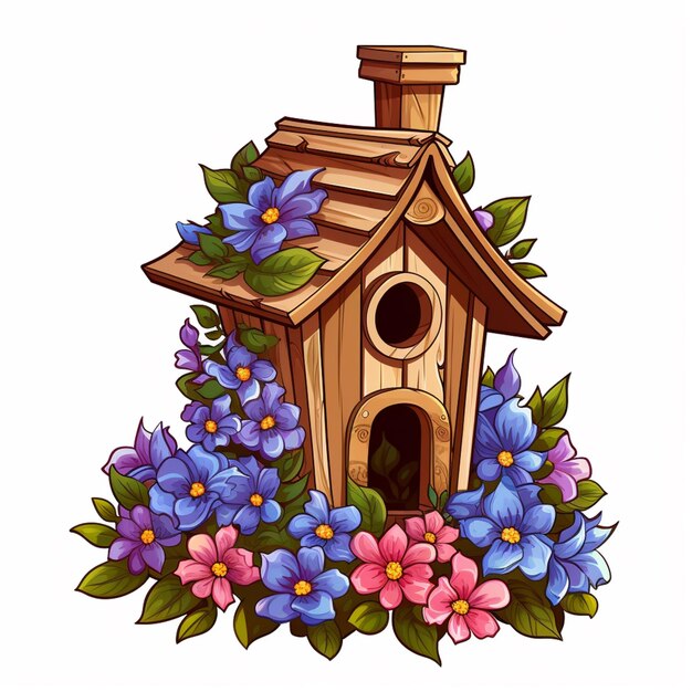uma casa de pássaros de desenho animado com flores e folhas em torno dela