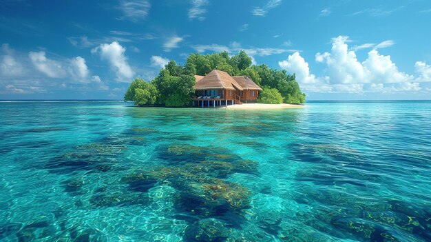 Foto uma casa de praia com uma cabana de praia na água