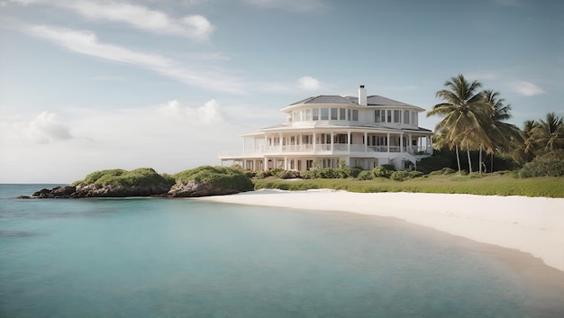 Uma casa de sonho espera em uma praia isolada com areia branca macia e águas cristalinas