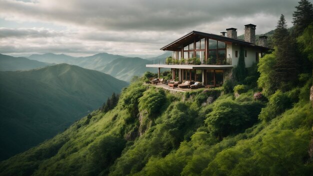 Uma casa de sonho no topo de uma montanha verde exuberante.