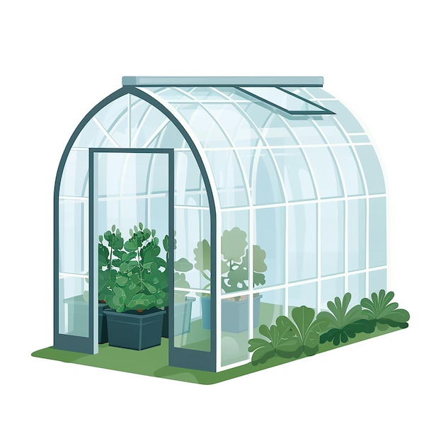 uma casa de vidro verde com plantas e plantas nela