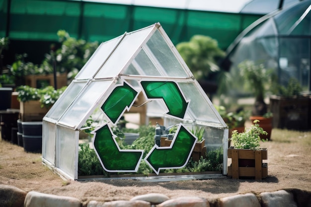 Uma casa de vidro verde com um sinal de reciclagem verde no meio.