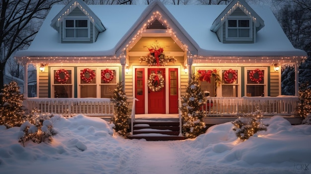 Uma casa decorada festivamente com guirlandas de Ano Novo e Natal em uma noite de inverno com neve