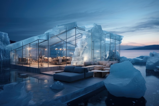 Uma casa do futuro construída em um iceberg na Anártica Casa inovadora para viver no futuro dentro de um iceberg antártico design sustentável e isolamento na natureza congelada