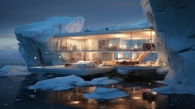 Uma casa do futuro construída em um iceberg na Anártica Casa inovadora para viver no futuro dentro de um iceberg antártico design sustentável e isolamento na natureza congelada