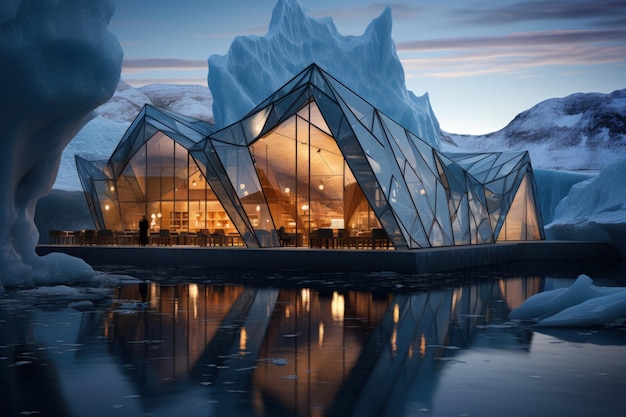 Uma casa do futuro construída em um iceberg na Anártica Casa inovadora para viver no futuro dentro de um iceberg antártico design sustentável e isolamento na natureza congelada