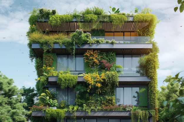 Uma casa ecológica no centro da cidade com jardins verticais