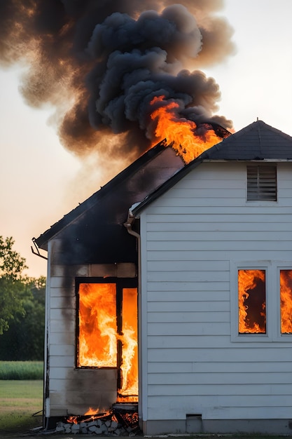 Foto uma casa em chamas a arder na rua.